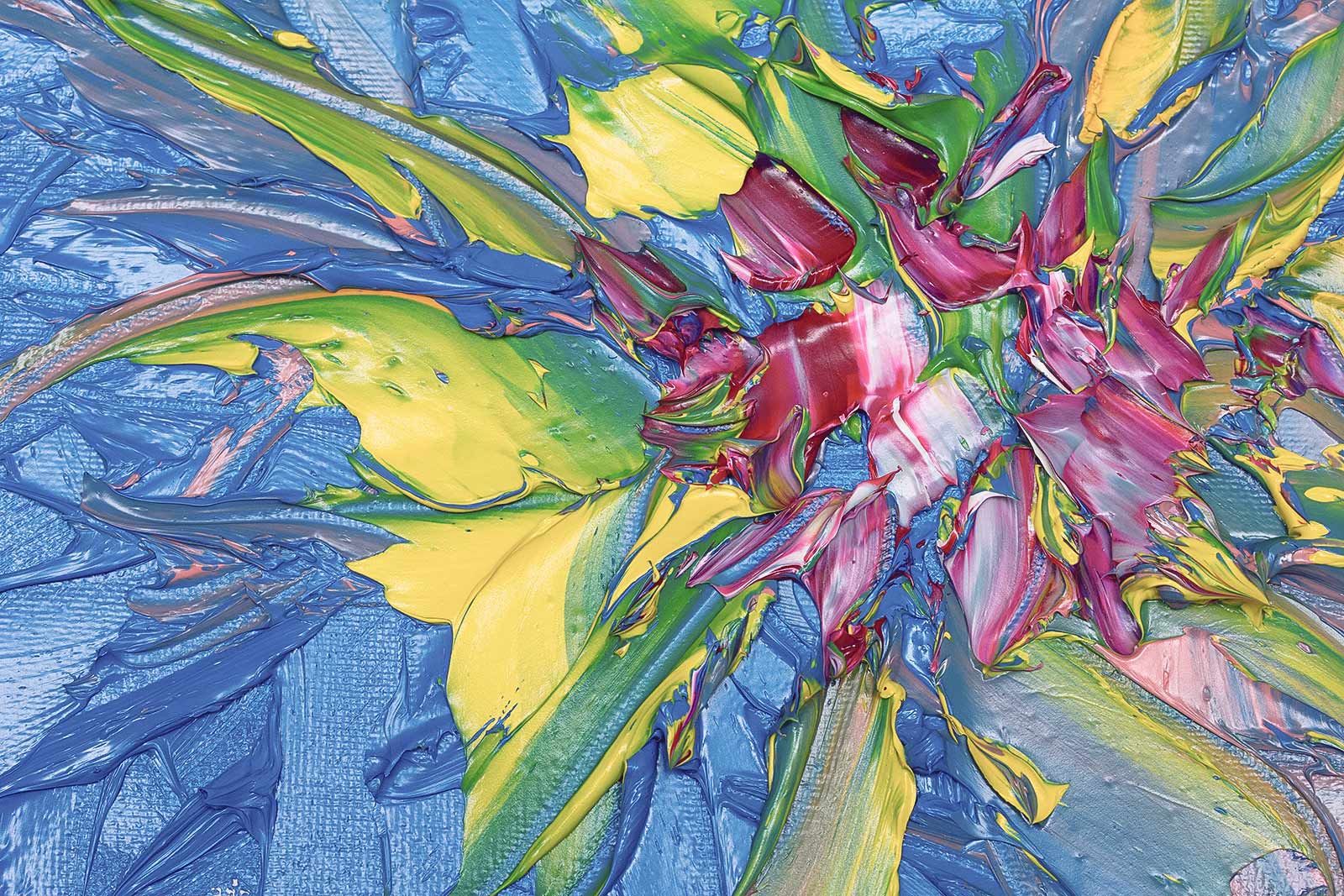 Colorful abstract acrylic painting with thick textured brush strokes in blue, green, yellow, and pink creating a dynamic modern art composition.”