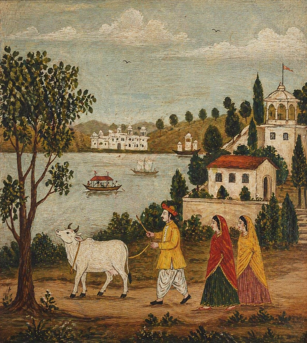 19th century naive handmade painting of village scene with riverside view